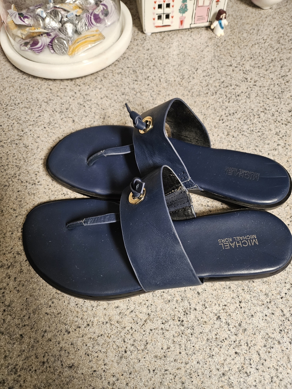 MICHAEL KORS Navy Leather Thong Sandals